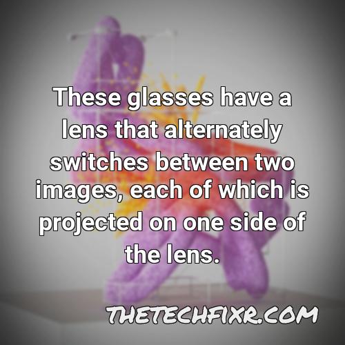 these glasses have a lens that alternately switches between two images each of which is projected on one side of the lens
